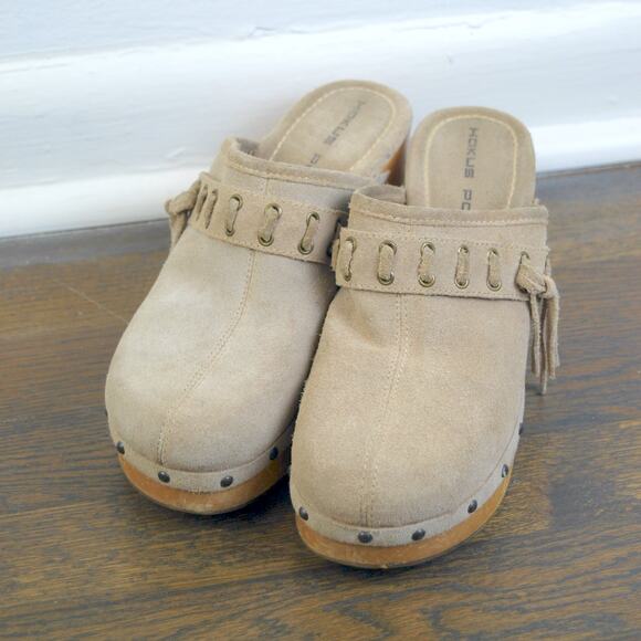 Vintage Hokus Pokus Wooden Suede Leather Platform Mules Clogs - Picture 6 of 9